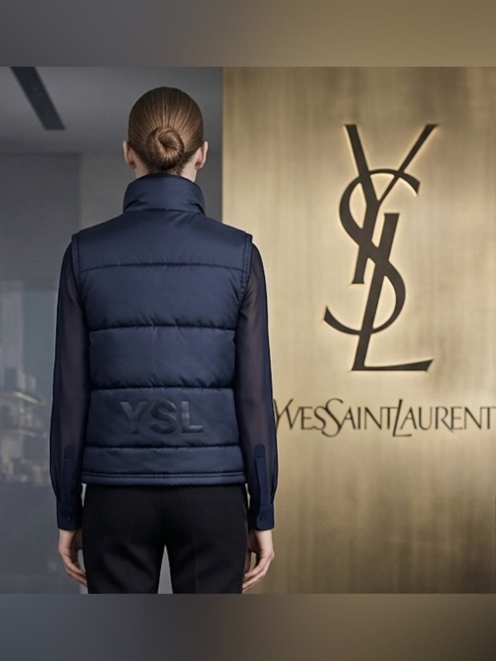 Authentic Yves Saint Laurent signature navy blue puffer jacket vest sz X small